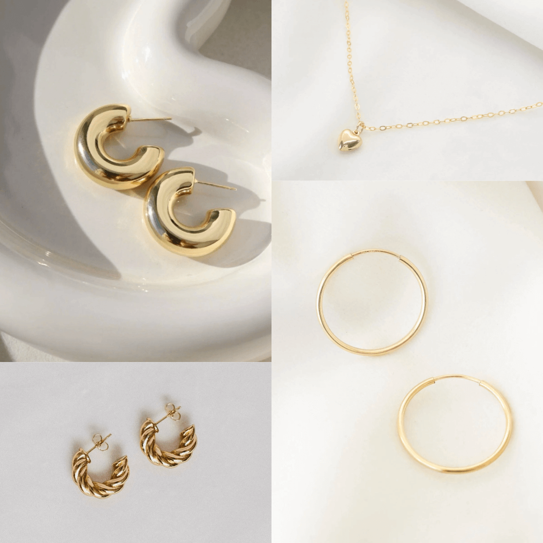 A collection of trendy gold jewelry featuring bold cloud-shaped hoops, a dainty heart pendant necklace, minimalist thin hoops, and twisted gold hoop earrings. Perfect for holiday gifting.